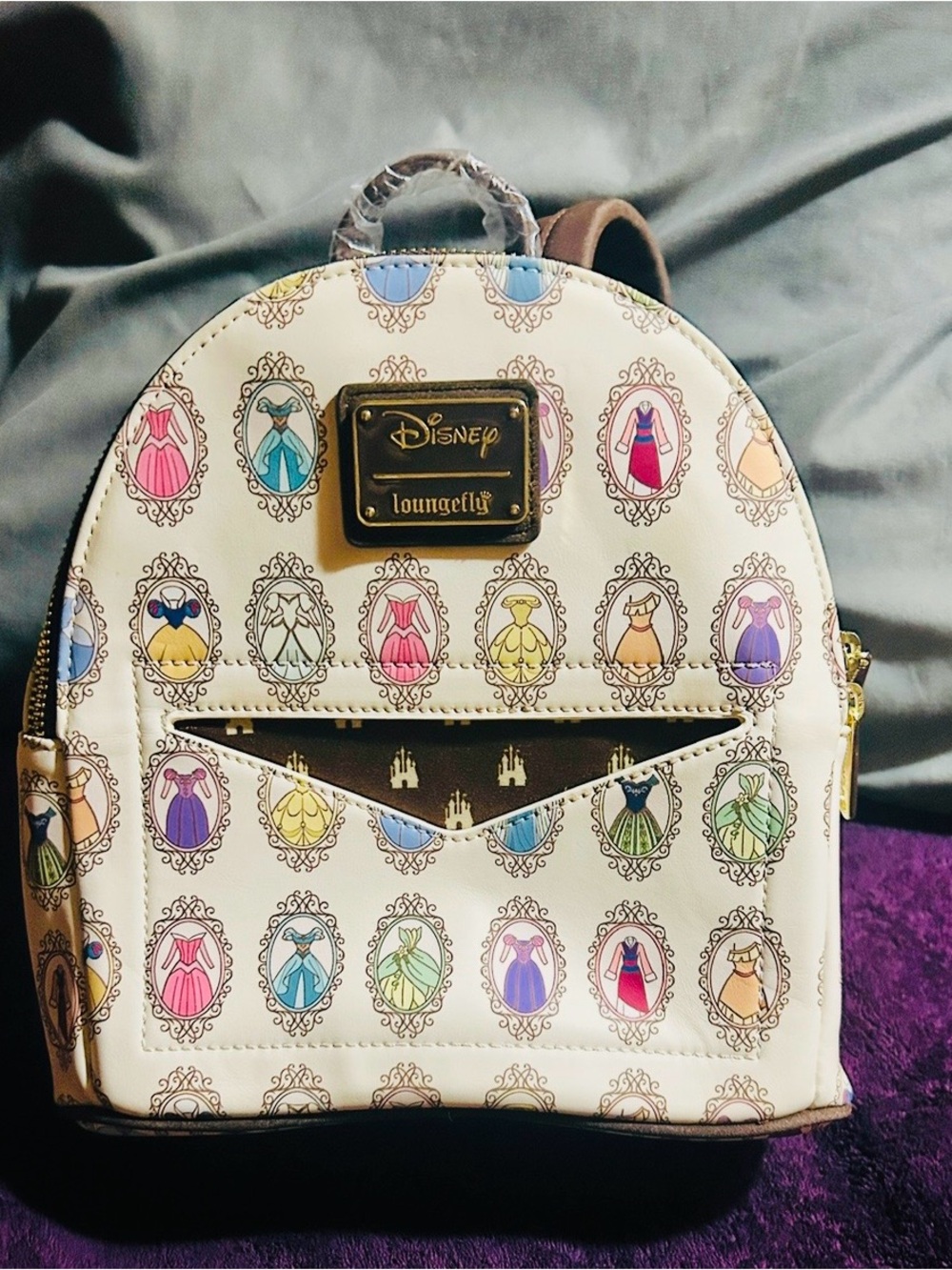 Loungefly Cream Mini Backpack with Multicolor Princess Dress Motif